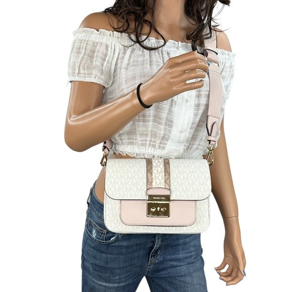 Michael Kors, Bags, Michael Kors Flap Shoulder Bag White Mk Rose Gold  Pink Stripe